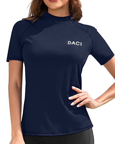 Attractive Women's Rash Guard Top Short Sleeve Rashguard Top Swim Shirt-Navy Blue