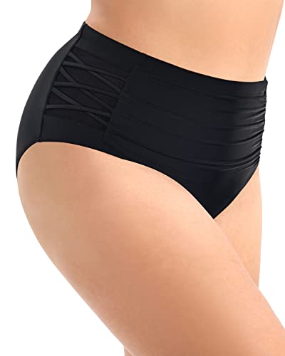 Ruched Tummy Control Plus Size High Waisted Bikini Bottom-Black