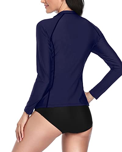 Ladies Exclusive Uv Block Two Piece Long Sleeve Rash Guard Swimsuit-Navy Blue