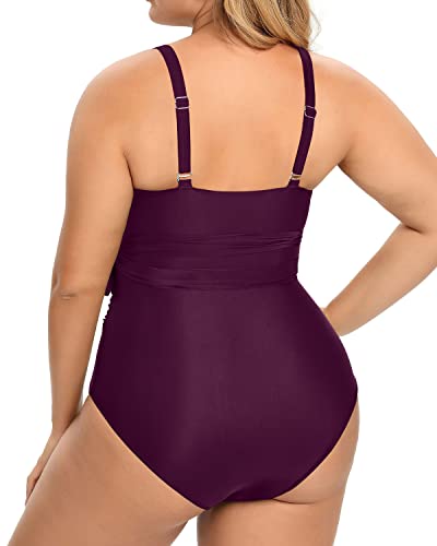 Cross Front High Waisted Tummy Control Monokini Bathing Suits-Maroon