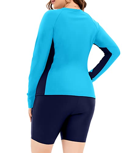 Plus Size Long Sleeve Rash Guard Zipper Front For Women-Aqua