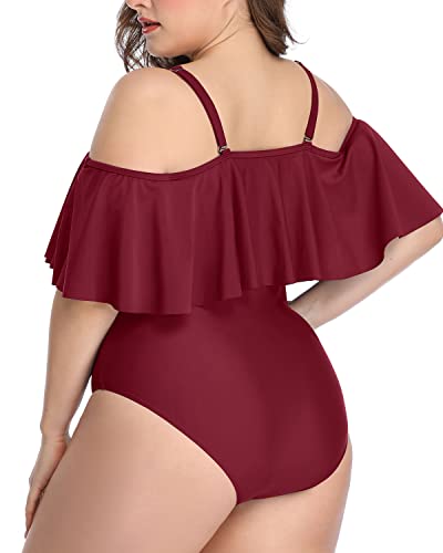 Vintage Flounce Cold Shoulder Plus Size Swimwear-Maroon