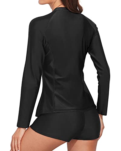 Women's Long Sleeve Zippered Rash Guard And Boyshorts Bathing Suit-Black