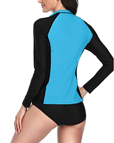 Two Piece Bathing Suit Long Sleeve Rash Guard For Women-Aqua