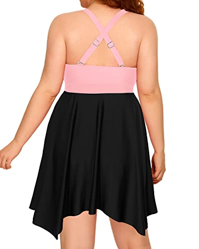 Women's Retro Elegant Skirted Plus Size Two Piece Swimdress-Pink And Black