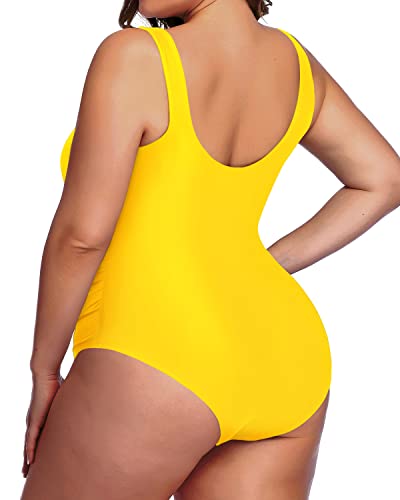 Scoop Neck Backless Plus Size Sport One Piece Swimsuit-Neon Yellow