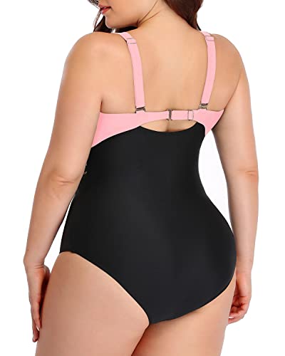 Sexy Mesh High Neck Plus Size One Piece Swimwear For Women-Pink And Black