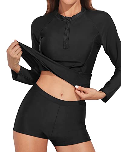 Women's Long Sleeve Zippered Rash Guard And Boyshorts Bathing Suit-Black