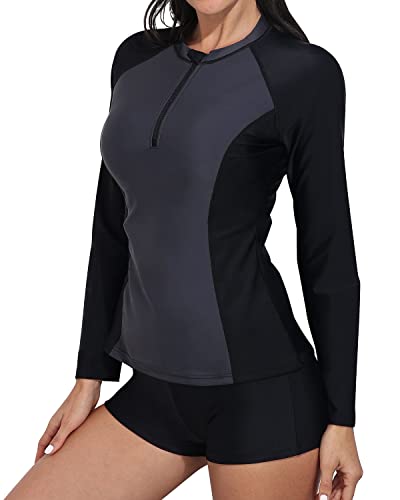 Long Sleeve Rash Guard 2 Piece Swimsuit Zipper For Women-Grey And Black