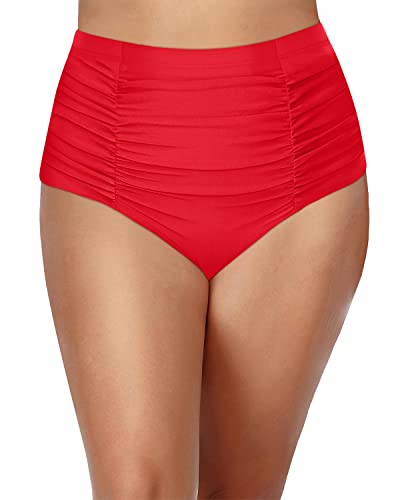 Vintage High Waisted Swim Bottom Tummy Control For Plus Size Women-Red