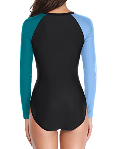 Zipper Women Rash Guard One Piece Swimsuit Upf 50+-Green Blue