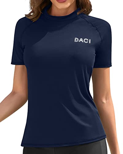 Attractive Women's Rash Guard Top Short Sleeve Rashguard Top Swim Shirt-Navy Blue