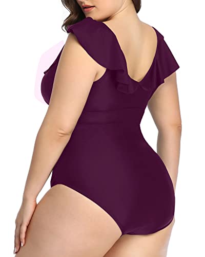 Vintage Style Plus Size V-Neck Bathing Suit-Maroon