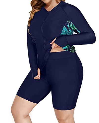 Women's Plus Size Athletic Swimwear Rash Guard And Shorts-Blue Leaf