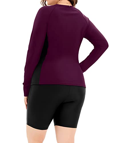 Two Piece Long Sleeve Athletic Rash Guard Tankini Set For Women-Purple