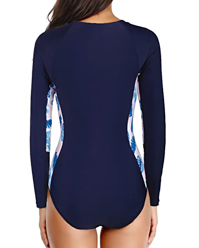 Surfing Long Sleeve One Piece Swimsuit For Women Rash Guard-Blue Leaf