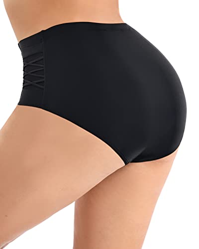 Ruched Tummy Control Plus Size High Waisted Bikini Bottom-Black