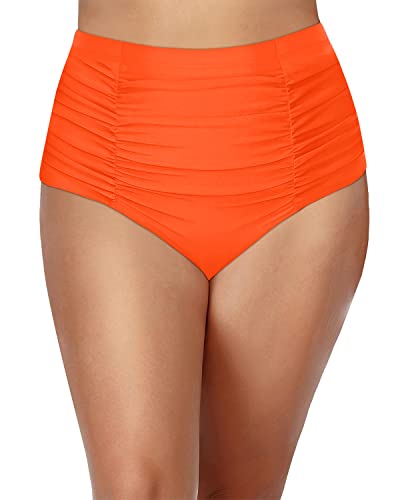 Shirred Retro Bikini Briefs Ruched Tummy Control For Plus Size-Neon Orange