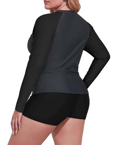 Women's Plus Size Athletic Rash Guard Tankini Boyshorts-Grey And Black