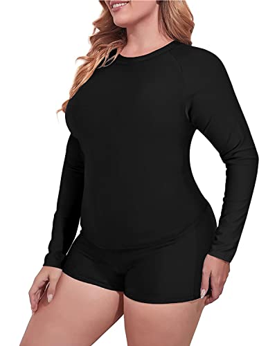 Plus Size Crew Neck Rash Guard Tankini Boyleg Bottom For Women-Black