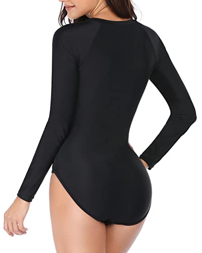 Women's Long Sleeve One Piece Rash Guard Bathing Suit-Black And Aqua