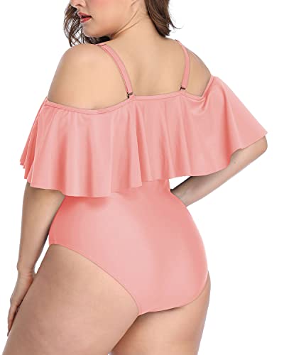 Adjustable Strap Off Shoulder Flounce Bathing Suits-Coral Pink