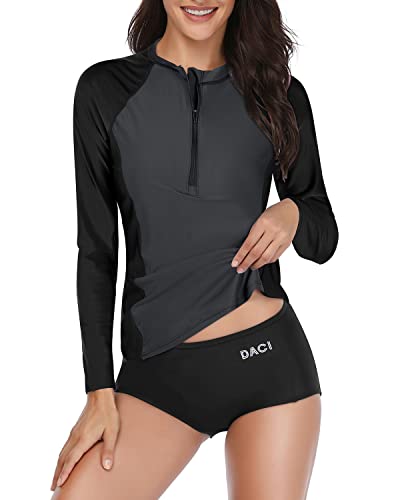 Zipper Front Women's Rash Guard Swimsuit Bottom-Grey And Black