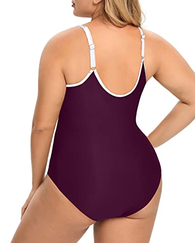 Athletic Zip Up One Piece Swimsuit For Plus Size Women-Maroon