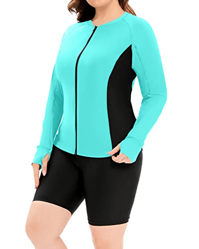 Long Sleeve Plus Size Rash Guard Bathing Suit For Women-Aqua