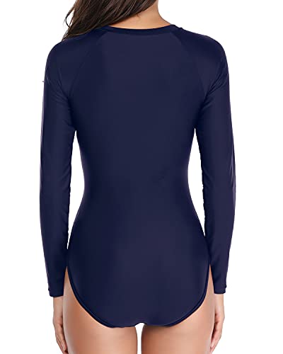 One Piece Long Sleeve Women's Surfing Rash Guard Swimsuit Zipper-Navy Blue