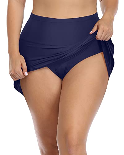 Tummy Control Plus Size Athletic Swim Skirt For Women-Navy Blue