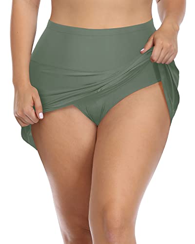 Athletic High Rise Plus Size Swim Skirt For Women-Olive Green