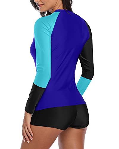 Attractive Women's Two Piece Crew Neck Long Sleeve Rashguard For Surfing And Water Yoga-Black Blue Splicing