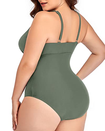 V-Neck Backless See Through Plus Size One Piece Swimwear-Olive Green