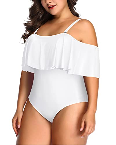 Chic Flounce Overlay Bathing Suit For Women Plus Size One Piece-White