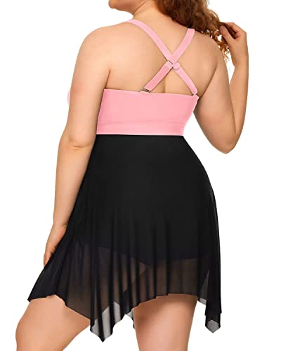 Long Torso Mesh Two Piece Swim Dress Boyshorts For Women-Pink And Black