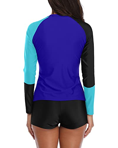 Attractive Women's Two Piece Crew Neck Long Sleeve Rashguard For Surfing And Water Yoga-Black Blue Splicing