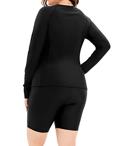 Zip Front Rash Guard Boyleg Shorts For Women-Black