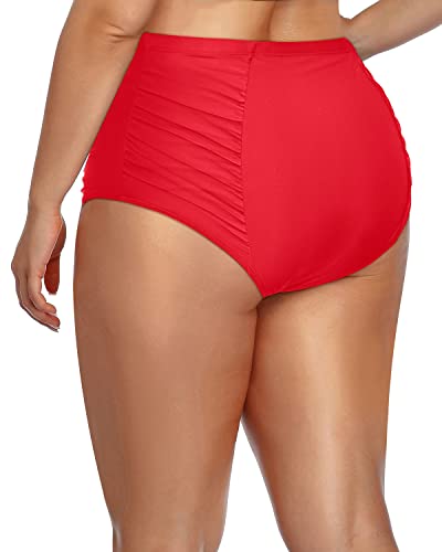 Vintage High Waisted Swim Bottom Tummy Control For Plus Size Women-Red