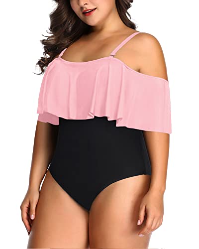 Elegant Ruffle Tummy Control Swimsuit For Women Plus Size One Piece-Pink And Black