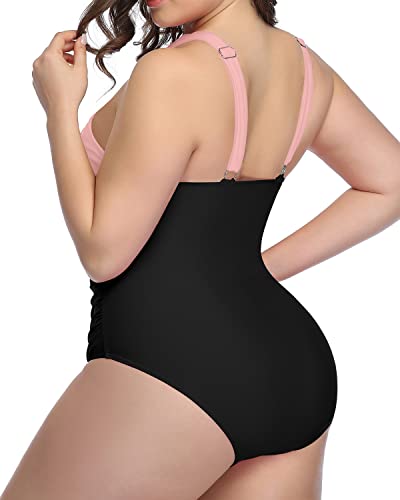 Vintage Keyhole Tummy Control One Piece Bathing Suits-Pink And Black