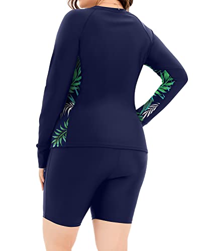 Women's Plus Size Athletic Swimwear Rash Guard And Shorts-Blue Leaf