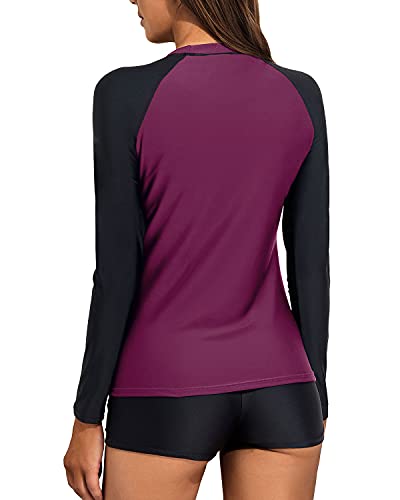 Two Piece Raglan Sleeve Ladies Rash Guard Swimsuit-Purple