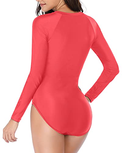 Zippered One Piece Rash Guard Swimsuit For Women-Red