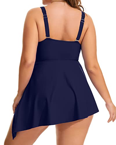 Plus Size One Piece Bathing Suit Removable Padded Bra-Navy Blue