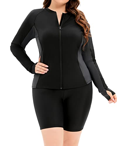 Two Piece Plus Size Rash Guard Tankini Boyleg Shorts For Ladies-Black