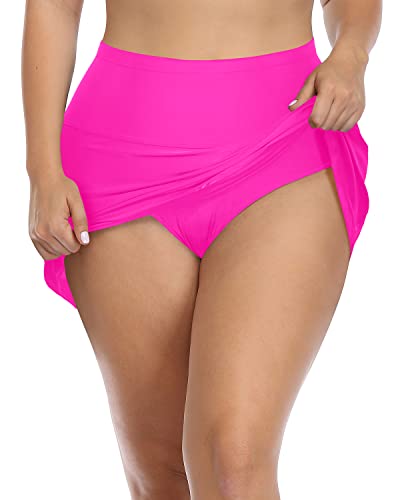 Plus Size Tummy Control High Rise Swim Skirt For Women-Neon Pink