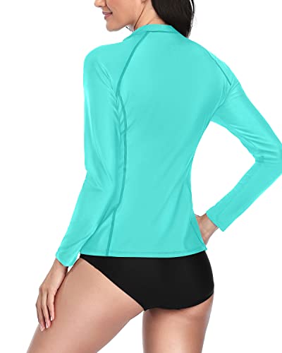 Ladies Modest Padded Two Piece Long Sleeve Rash Guard Bathing Suit-Aqua And Black