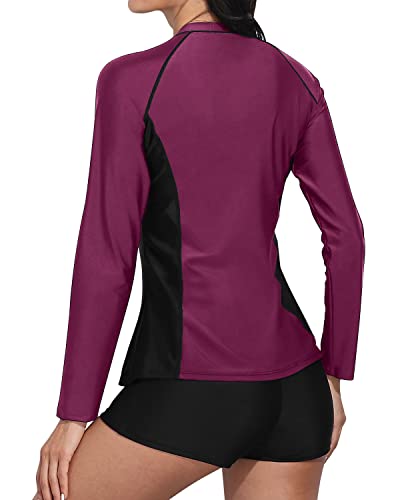 Stylish Women's Long Sleeve Rash Guard Swimwear Boy Shorts-Purple