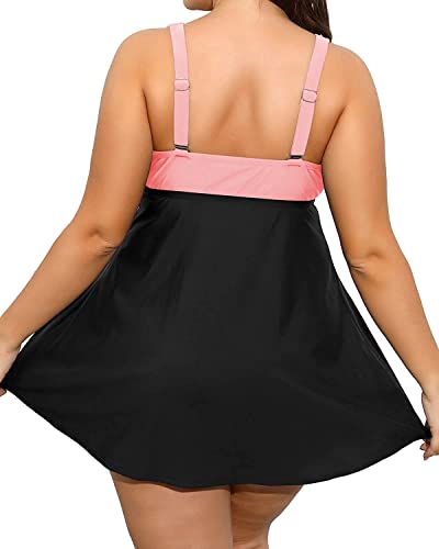 Women's Flowy Tankini Swimsuits Boyshorts Plus Size Swim Dress-Pink And Black